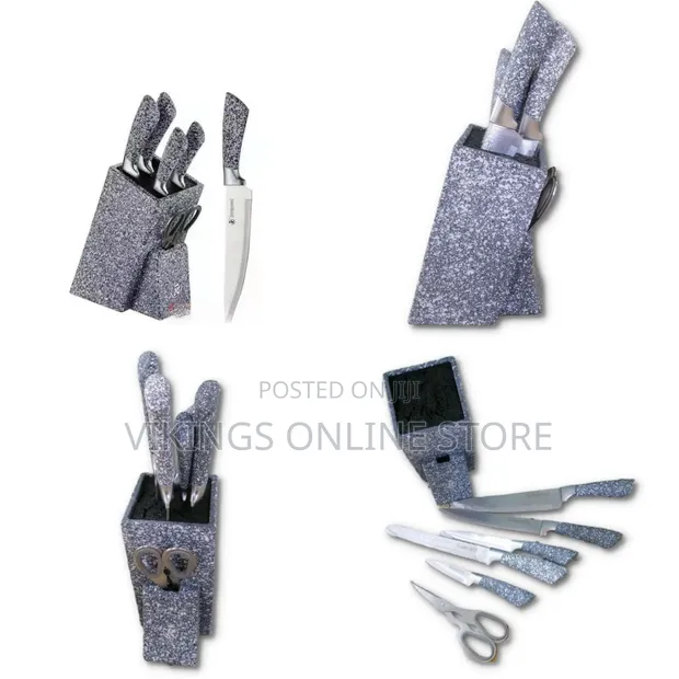 7-Piece Black Dotted Handle Knife Set with Wooden Stand - 1
