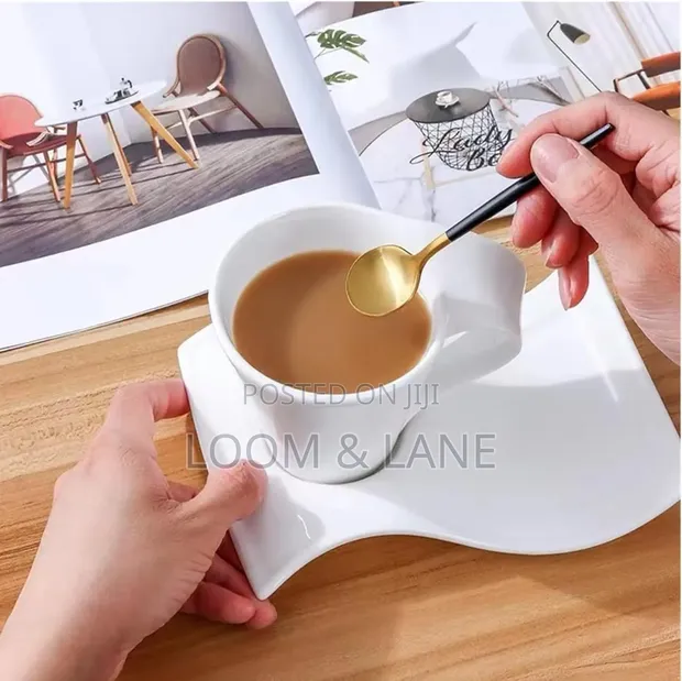 6pcs White Ceramic Wave Coffee Cup & Saucer Set (200ml) - 1