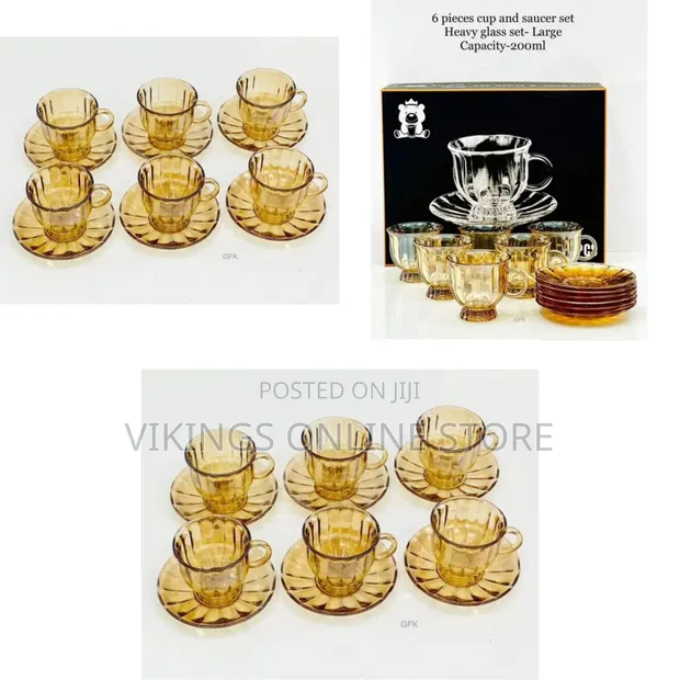 6-Piece Glass Tea Cup and Saucer Set - Gold - 1