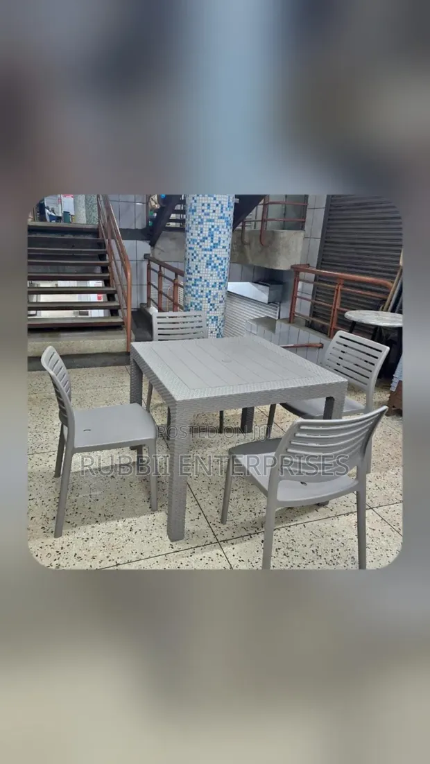 Grey Square Plastic Dining Table with 4 Armless Chairs - 1