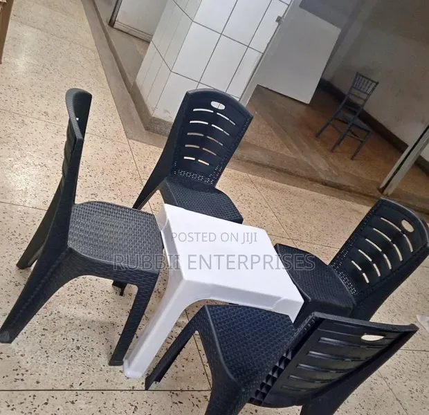 1 Small White Table + 4 Black Woven Chairs - 1