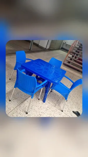 Brand New Blue Square Dining Table with 4 Blue Rattan Arm Chairs