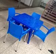 Brand New Blue Square Dining Table with 4 Blue Rattan Arm Chairs - 2