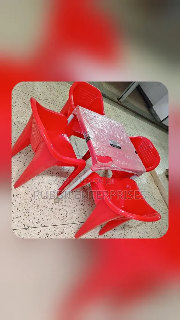 1 Red Table + 4 Molded Plastic Arm Chairs - 1