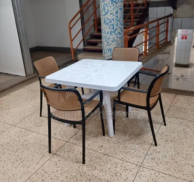 1 Square White Table with 4 Rattan Arm Plastic Chairs - 1