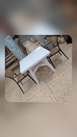 1 Square White Table with 2 Rattan Chairs