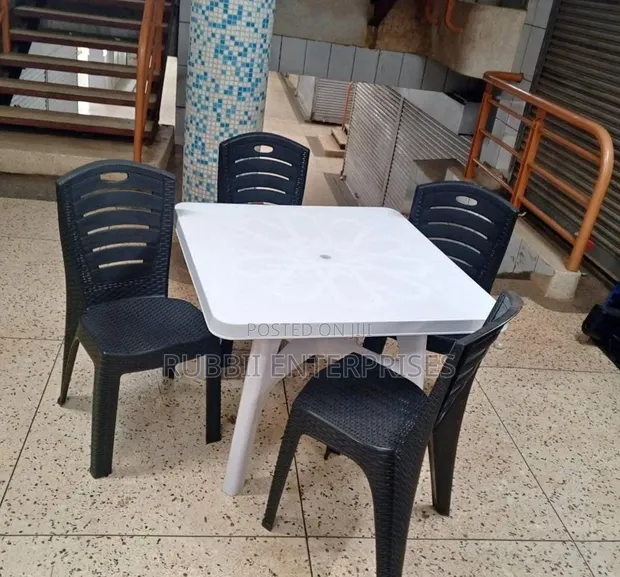 White Square Dining Table with 4 Black Woven Chairs - 1