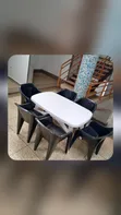 White Oval Dining Table with 6 Molded Plastic Arm Chairs - 2