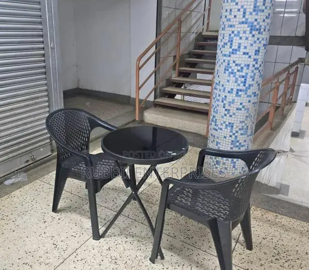 Foldable Bistro Table + Mesh-Pattern Plastic Arm Chair - 1
