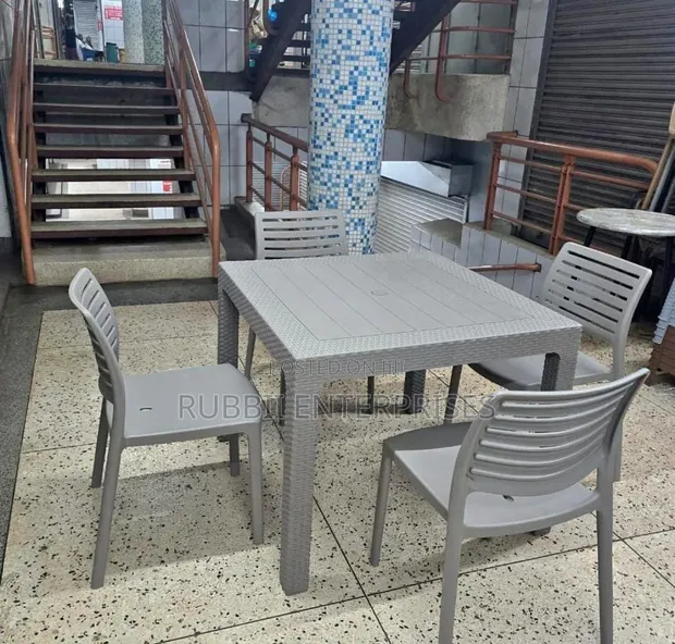 Grey Square Dining Table with 4 Grey Armless Chairs - 1