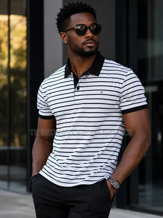 Stylish Polo T-Shirt - White with Black Stripes - 1