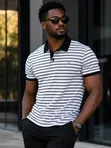 Stylish Polo T-Shirt - White with Black Stripes - 1
