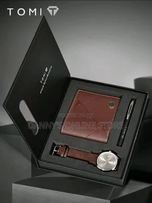 TOMI Brown Business Calendar Leather Quartz Men's Watch Set with Wallet & Pen