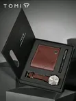TOMI Brown Business Calendar Leather Quartz Men's Watch Set with Wallet & Pen - 1