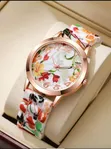 Women's Floral Print Quartz Watch with Silicone Strap - 1