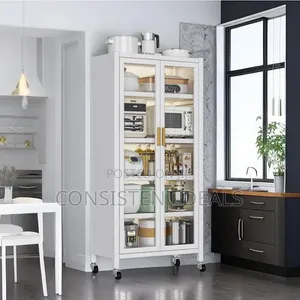 Kitchen Pantry Cabinet with Glass Doors & Wheels