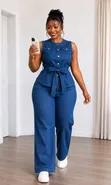 Ladies Dark Blue Denim 2-Piece Outfit - 1