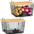 Versatile Stackable Wire Storage Baskets with Wooden Lids - 2