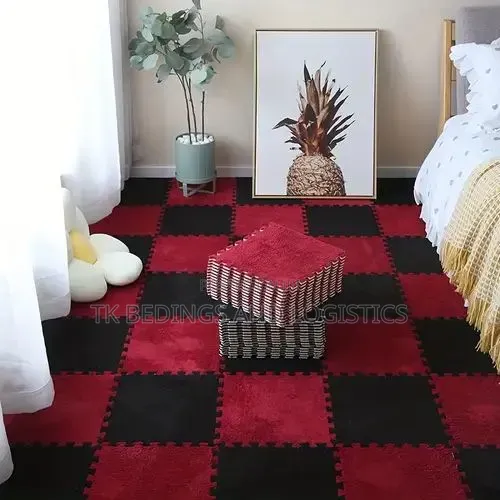 Plush Inter Lock Floor Tiles - Red & Black Checkerboard - 1