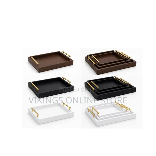 3pc Colored Wooden Trays with Gold Handles - 1
