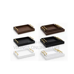 3pc Colored Wooden Trays with Gold Handles