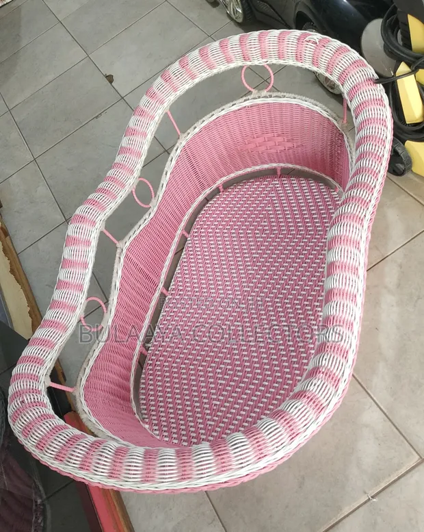UK Used Pink & White Woven Wicker Baby Bassinet - 1