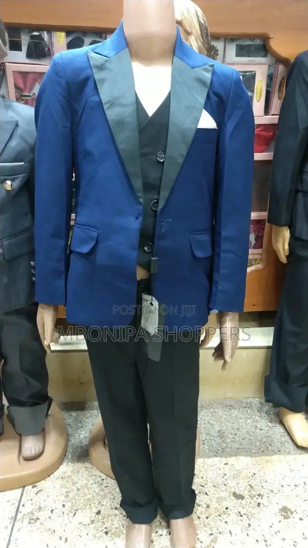 Navy Blue 3-Piece Wedding Suit with Black Shawl Lapel - 1