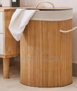 Round Bamboo Laundry Hamper with Lid - Multicolor