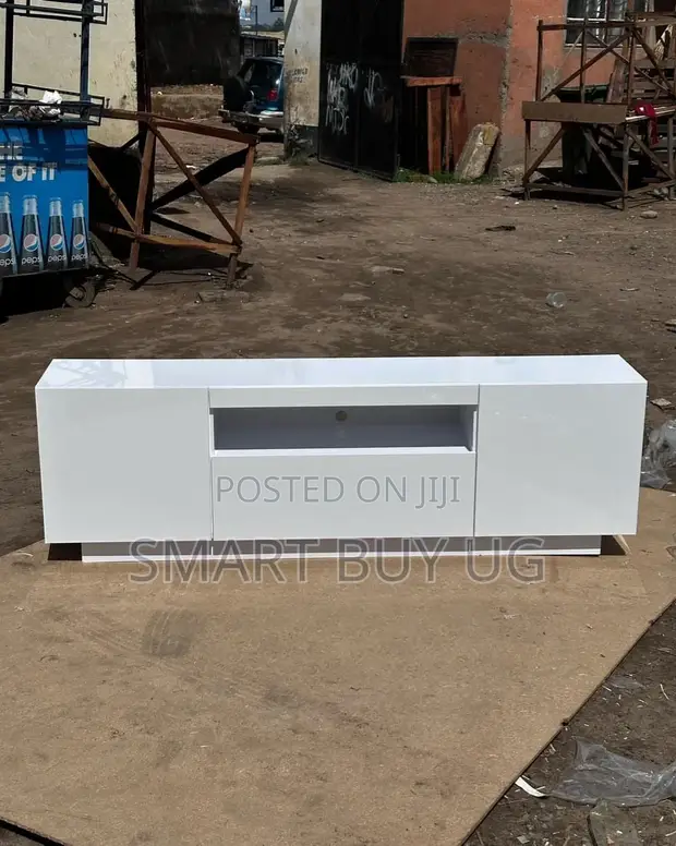 Modern White Wooden TV Stand with Drawers & Open Storage - 1