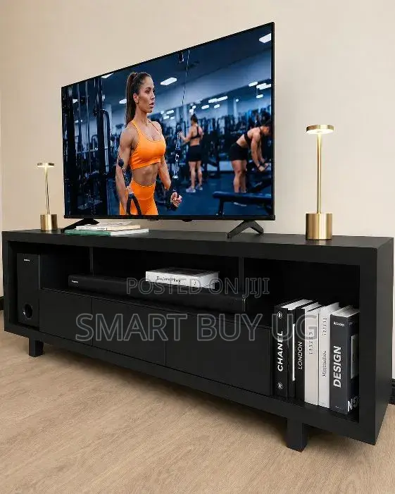 Modern Black TV Stand with Drawers and Open Storage - 1