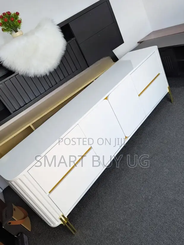 Modern White Wood TV Stand with Drawers - 1