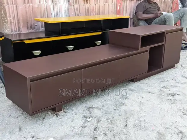 Modern Brown Wood TV Stand with Drawers and Open Storage - 1