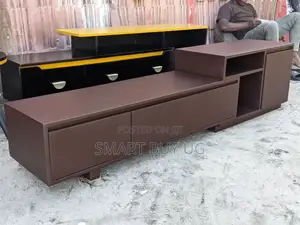 Modern Brown Wood TV Stand with Drawers and Open Storage