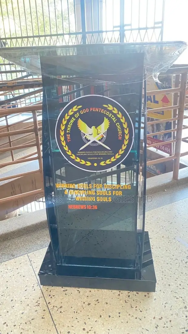 Brand New Black Glass Podium with Custom Logo and Rollers - 1