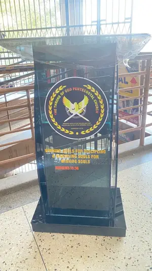 Brand New Black Glass Podium with Custom Logo and Rollers