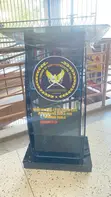Brand New Black Glass Podium with Custom Logo and Rollers - 1