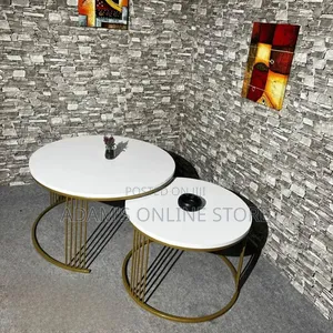 Metal White and Gold Round Center Table with Stools