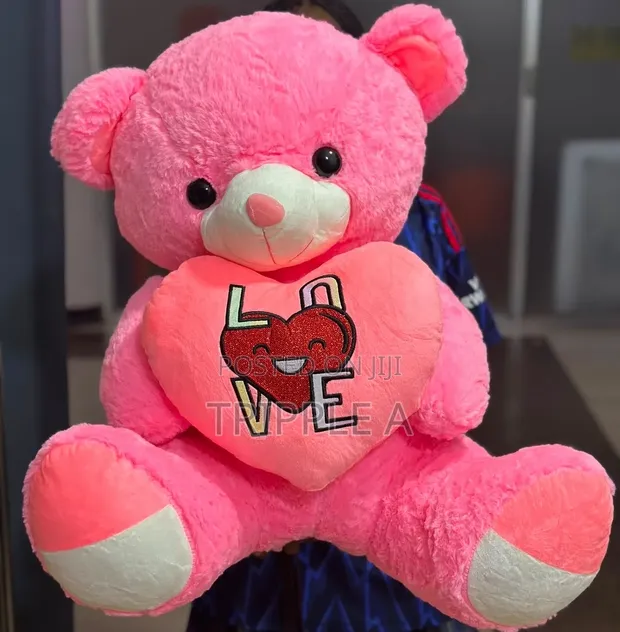 Large Bright Pink Plush Teddy Bear with Heart - 1