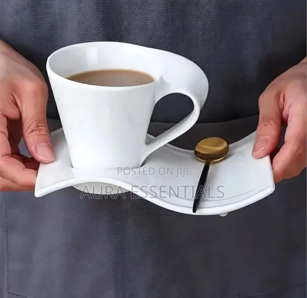 6pcs White Ceramic Wave Coffee Cup and Saucer Set (200ml) - 1