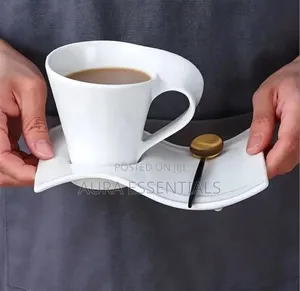 6pcs White Ceramic Wave Coffee Cup and Saucer Set (200ml)