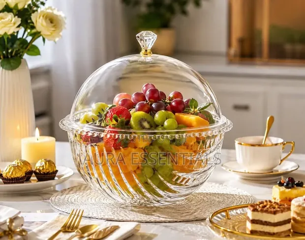 Crystal Glass Fruit Serving Bowl with Lid - 1