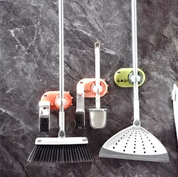 Wall-Mounted Mop and Broom Holder - Pink Dinosaur - 1