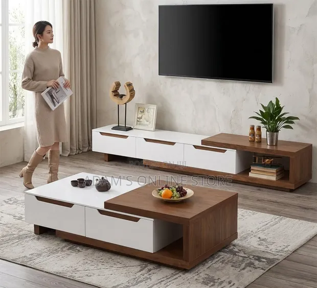White and Brown Center Table and TV Stand Unit - 1