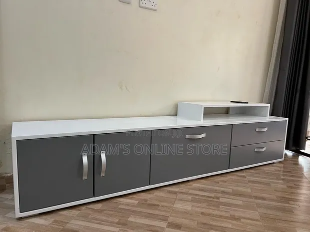 7ft TV Stand Unit - White & Grey Drawers - 1