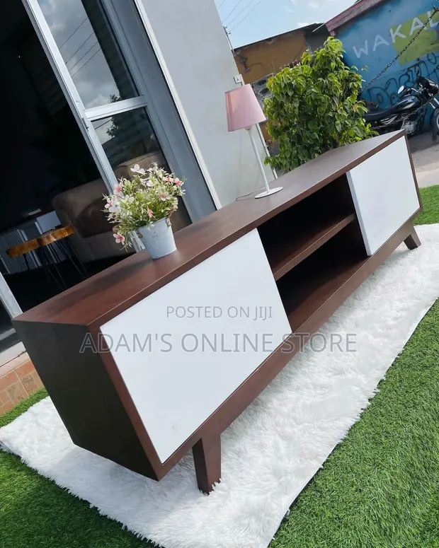 Brown TV Stand Unit with White Doors - 1