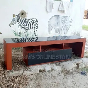 Brown TV Stand Unit with Black Glass Top