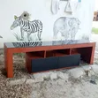 Brown TV Stand Unit with Black Glass Top - 1