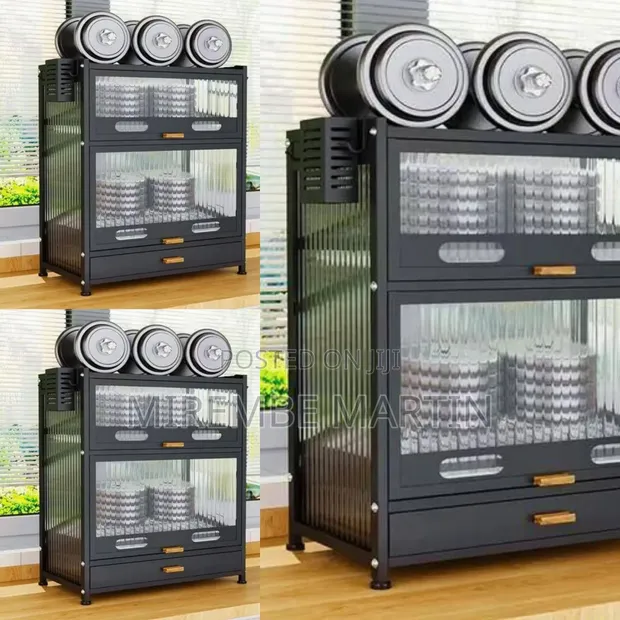 Modern Black Kitchen Storage Cabinet with Fluted Glass Doors - 1