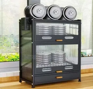 Modern Black Kitchen Storage Cabinet with Fluted Glass Doors
