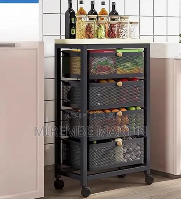 Stylish 5-Drawer Rolling Mesh Storage Cart with Wooden Top - Black - 1